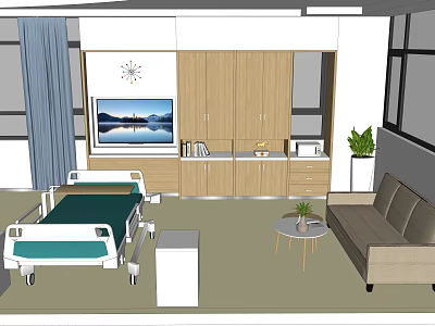 Comfortable Hospital Room Interior With Wooden Cabinets TV Sofa And Plants 3d model