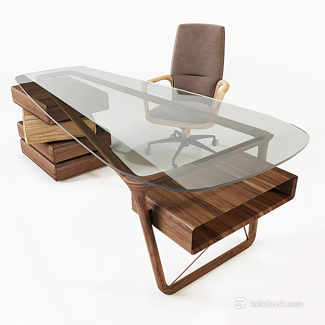 Modern Office Desk With Glass Top And Wooden Base And Brown Office Chair 3d model 