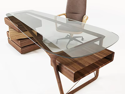 Modern Office Desk With Glass Top And Wooden Base And Brown Office Chair 3d model