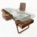 Modern Office Desk With Glass Top And Wooden Base And Brown Office Chair