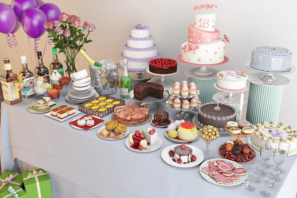 Colorful Birthday Dessert Table With Cakes Cupcakes Fruits Chocolates And Pastries 3d model 