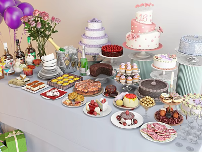 Colorful Birthday Dessert Table With Cakes Cupcakes Fruits Chocolates And Pastries 3d model