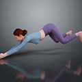 Woman Practicing Plank Pose In Blue Top And Purple Leggings On Reflective Gray Floor
