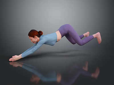 Woman Practicing Plank Pose In Blue Top And Purple Leggings On Reflective Gray Floor 3d model