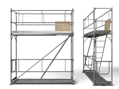 Tall Metal Scaffolding Structure With Wooden Platform And Ladder For Construction Work 3d model