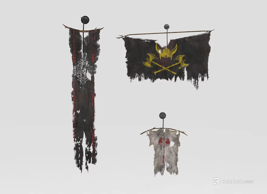 Three Vintage Tribal Flags With Fringes Crossed Axes And Crown Emblem In Black Red Gray 3d model 