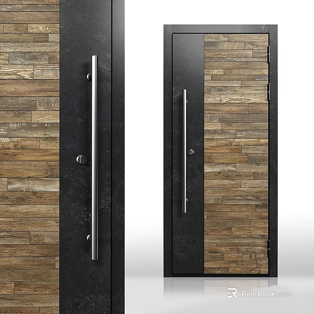 Modern Entrance Door Design With Wooden Panel Black Frame And Metal Handle 3d model 