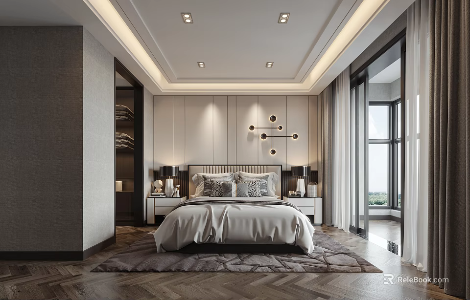 Modern Bedroom Interior With Comfortable Bed Nightstands Table Lamps Wall Decor Lights And Herringbone Flooring 3d model 
