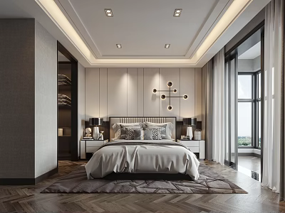 Modern Bedroom Interior With Comfortable Bed Nightstands Table Lamps Wall Decor Lights And Herringbone Flooring 3d model
