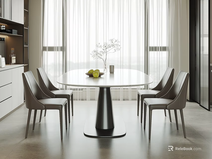 Modern Restaurant Interior With Round White Dining Table And Six Grey Chairs By Large Windows 3d model 