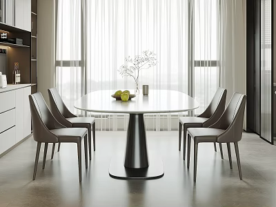 Modern Restaurant Interior With Round White Dining Table And Six Grey Chairs By Large Windows 3d model