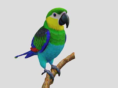 Colorful Parrot with Green Yellow Blue and Red Feathers Perched on a Branch 3d model