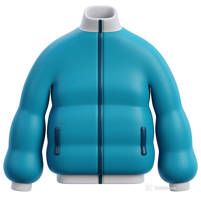 Blue Puffer Jacket with Front Zipper Pockets and White Collar Design 3d model 