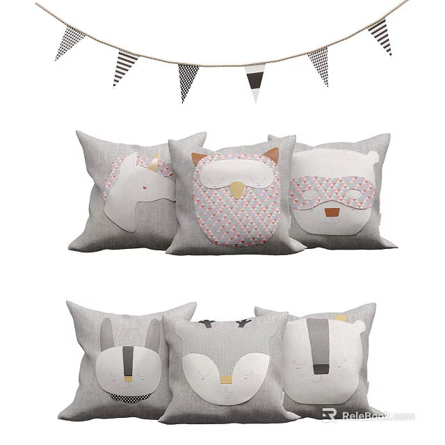 Gray Animal Themed Throw Pillows With Owl Fox Bear Unicorn Designs For Home Decor 3d model 