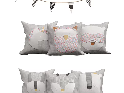 Gray Animal Themed Throw Pillows With Owl Fox Bear Unicorn Designs For Home Decor 3d model