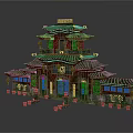 Cartoon Scene Featuring Chinese Traditional Multi Story Building With Green Roofs Red Walls And Decorations