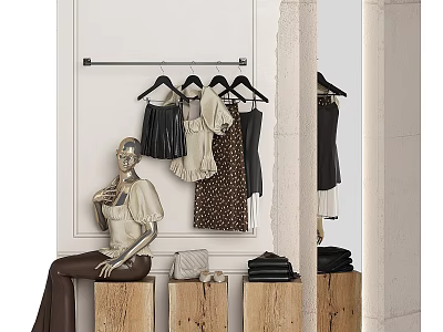 Clothes Rack With Hanging Blouses Dresses And Outfits In Store Display With Mannequin 3d model