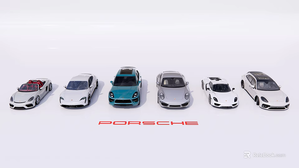 Porsche Car Lineup On White Background Featuring Various Sports Cars And SUVs 3d model 