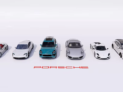 Porsche Car Lineup On White Background Featuring Various Sports Cars And SUVs 3d model