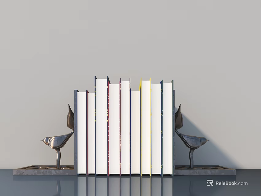 Stylish Books and Magazines Arrangement On Modern Shelf With Metal Bird Figurines 3d model 