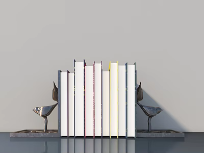 Stylish Books and Magazines Arrangement On Modern Shelf With Metal Bird Figurines 3d model