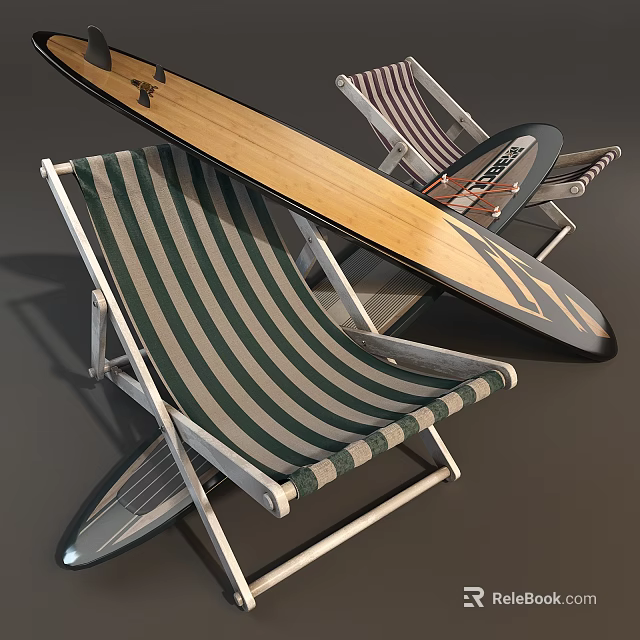 Striped Outdoor Lounge Chair With Wooden Surfboard For Comfortable Beach Relaxation Time 3d model 