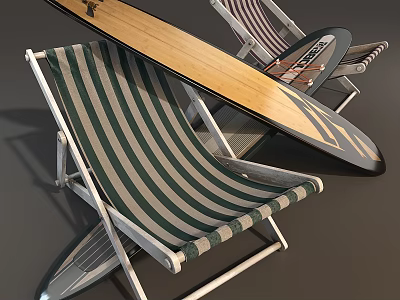 Striped Outdoor Lounge Chair With Wooden Surfboard For Comfortable Beach Relaxation Time 3d model