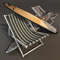 Striped Outdoor Lounge Chair With Wooden Surfboard For Comfortable Beach Relaxation Time