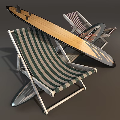 Striped Outdoor Lounge Chair With Wooden Surfboard For Comfortable Beach Relaxation Time 3d model
