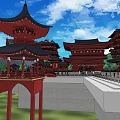 Ancient Chinese Architecture With Pagoda Towers Black Tiled Roofs Red Pillars And Green Trees