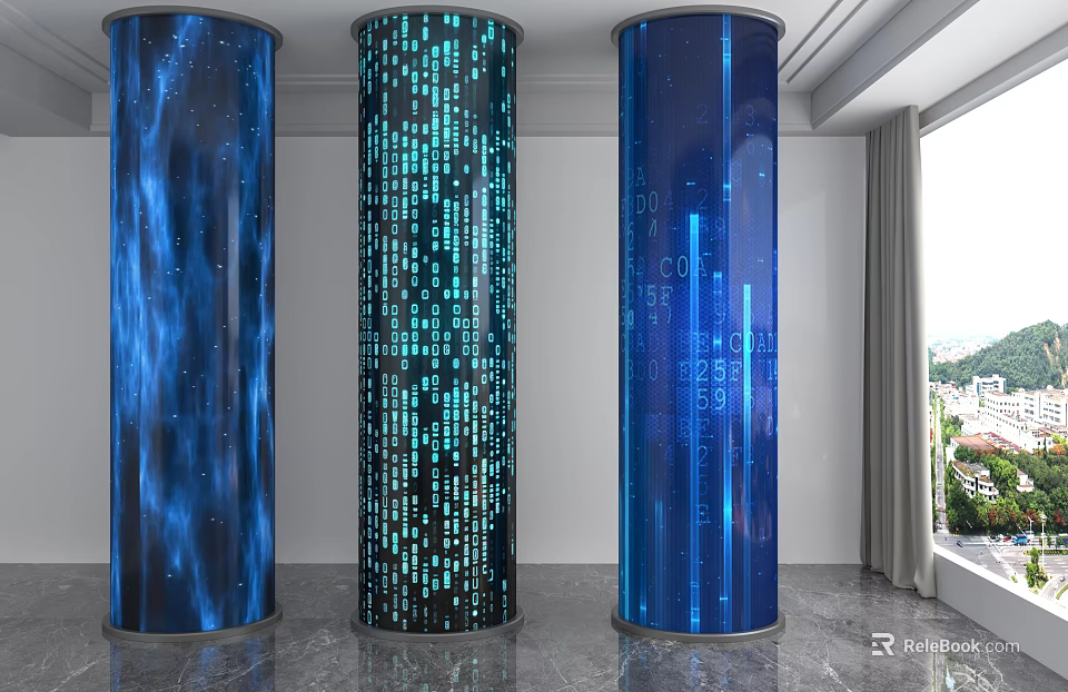 Modern Tech Inspired Pillars With Blue Digital Patterns And Starry Surface Design 3d model 