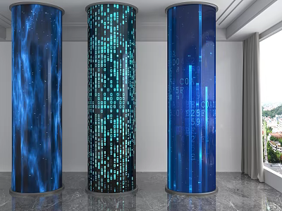 Modern Tech Inspired Pillars With Blue Digital Patterns And Starry Surface Design 3d model