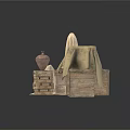 Sculptural Art Display With Beige Cloth Covered Objects Clay Jar And Wooden Chest Drawers