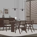 Modern Restaurant Dining Area With Wooden Table Chairs Hanging Lamps Window Blinds Sideboard And Decorative Floor Lamp