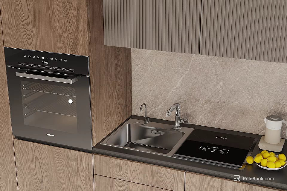 Modern Kitchen Interior With Double Bowl Sink Faucet And Marble Countertop Wooden Cabinets 3d model 