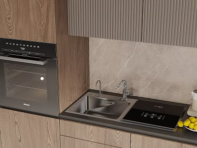 Modern Kitchen Interior With Double Bowl Sink Faucet And Marble Countertop Wooden Cabinets 3d model