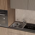 Modern Kitchen Interior With Double Bowl Sink Faucet And Marble Countertop Wooden Cabinets