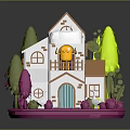 Cute Miniature House With Orange Roof Balcony Green Pink Trees Purple Lawn And White Goose