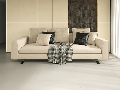 Beige Two Seater Sofa With Throw Pillows And Plaid Blanket In Bright Room With Sunlight 3d model