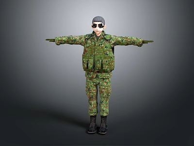 Military Character In Camouflage Uniform With Hat Sunglasses And Outstretched Arms 3d model