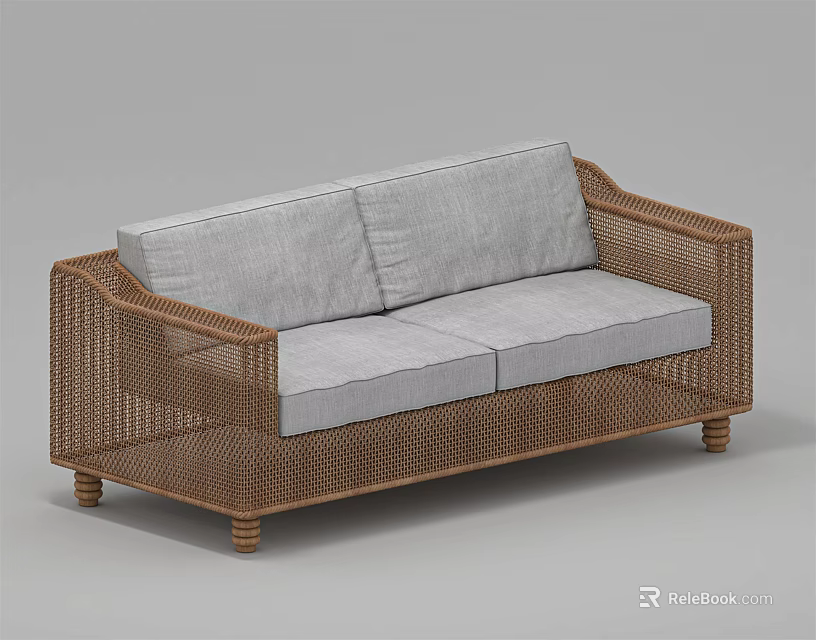 Modern Wicker Outdoor Sofa With Gray Cushions And Sturdy Frame 3d model