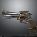 Futuristic Sci Fi Revolver With Orange Silver Metal Body Wooden Grip And Mechanical Gear Details
