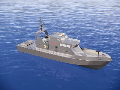 Modern Gray Warship Sailing On Blue Ocean With Superstructure And Deck 3d model