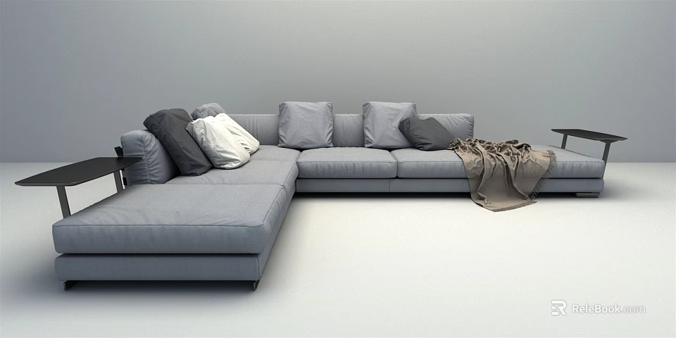 Modern Gray Sectional Sofa With Multiple Mixed Color Cushions And Brown Throw Blanket 3d model