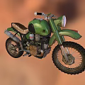 Green Vintage Off Road Motorcycle With Brown Seat Knobby Tires And Exposed Engine