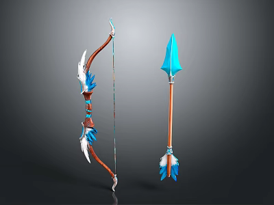 Fantasy Style Bow And Arrow Weapon Design With Blue Accents And Feather Details 3d model