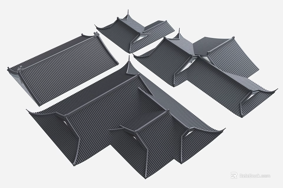 Traditional Architectural Roof Components with Sloped Structure Black Striped Surface and Decorative Eaves Design 3d model 
