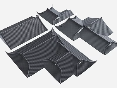 Traditional Architectural Roof Components with Sloped Structure Black Striped Surface and Decorative Eaves Design 3d model