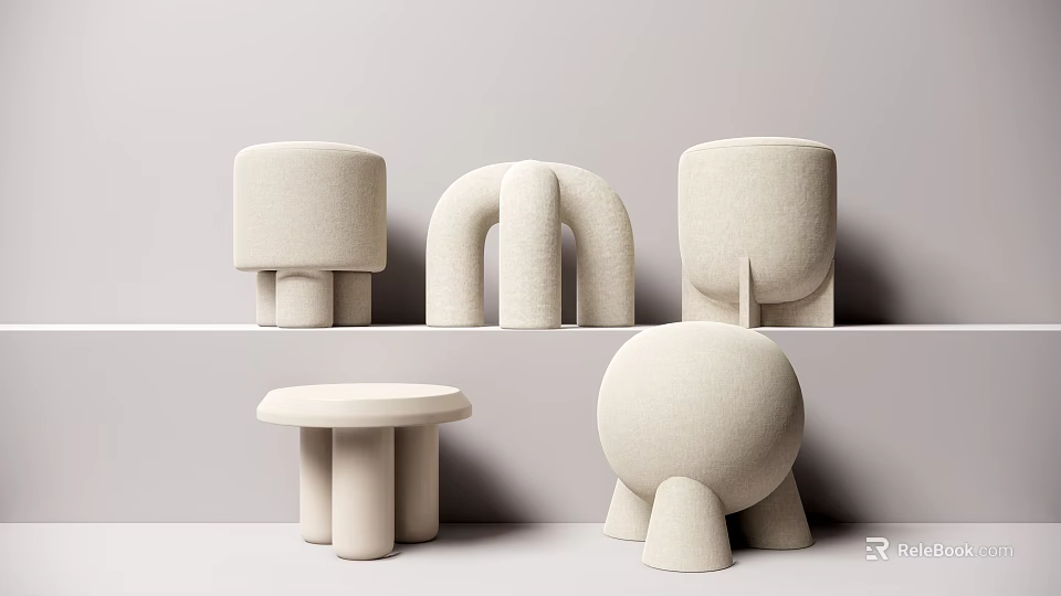 Modern Minimalist Soft Fabric Stools with Diverse Shapes in Neutral Beige Tone 3d model 