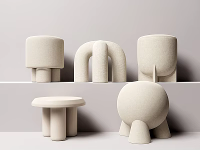 Modern Minimalist Soft Fabric Stools with Diverse Shapes in Neutral Beige Tone 3d model